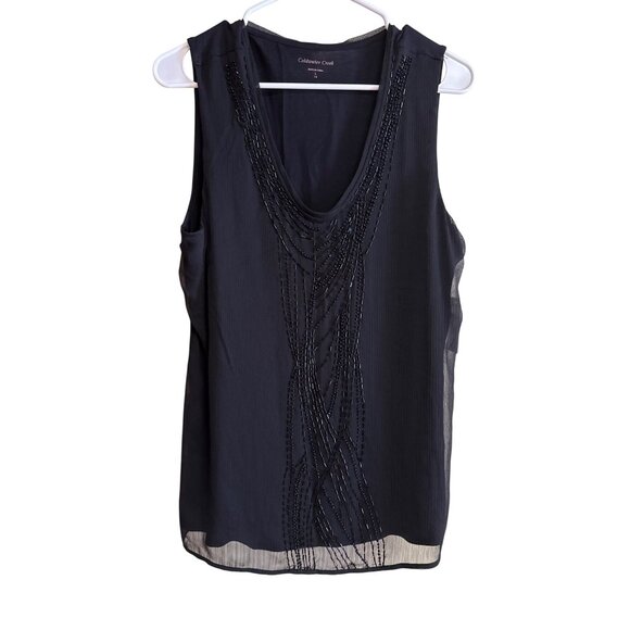 Coldwater Creek Black Beaded Sleeveless Top L 14 Elegant Sheer Layered Design Wo - Picture 1 of 7